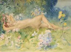Nu dans les fleurs by Antoine Calbet, Aquarelle, sold Oct 2024