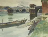 Pont sur un fleuve by Louis Agricol Montagné, Aquarelle, sold Oct 2024