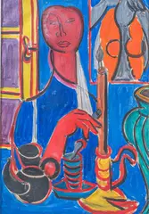 Jeune femme à la chandelle by Marcel Burtin, Gouache et encre (lavis) désignée du nom de l'auteur sur le passe-partout, sold Oct 2024