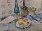 Fruits et bouteilles by Georges Albert Tresch, 1932, Aquarelle, encre (plume) et fusain, sold Oct 2024