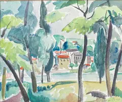Paysage estival en bords de Saône by Adrien Bas, Aquarelle, sold Oct 2024