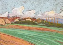Hameau dans la campagne by Adrien Bas, 1923, Pastel et fusain, sold Oct 2024