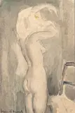 Jeune femme se vêtant by Henriette Morel, Aquarelle et lavis d'encre sur traits de mine de plomb, sold Oct 2024