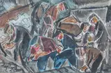 Ouvriers terrassiers by Jacques Laplace, 1950, Aquarelle et encre (lavis), sold Oct 2024