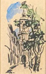 Le clocher de l'Hôtel de Ville d'Aix-en-Provence by Albert André, Aquarelle et encre (plume), sold Oct 2024
