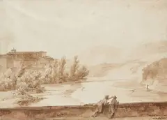 Promeneurs au bord d'un lac by Achille Etna Michallon, Plume et encre brune, lavis brun sur traits de crayon noir, sold Dec 2021