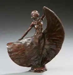 Loïe Fuller éxécutant une phase de la danse serpentine (crée en 1882) by Rupert Carabin, Bronze à partine brune nuancée signée sur la terrasse, sold Dec 2021