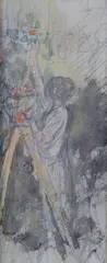 Femme récoltant des fleurs by Pierre Laprade, Gouache aquarellée sur traits de crayon, sold Jun 2023
