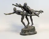 Au but by Alfred Boucher, Bronze patiné sur socle en marbre vert de mer brut, sold May 2023