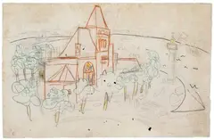 L'église de Quillebeuf, circa 1925 by Raoul Dufy, Mine de plomb et crayons de couleur sur papier, sold Dec 2023