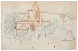 L'église de Quillebeuf, circa 1925 by Raoul Dufy, Mine de plomb et crayons de couleur sur papier, sold Dec 2023
