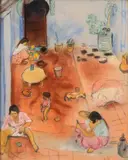 Cour à Blida by Jean Launois, Fusain et crayons de couleurs sur papier, sold Nov 2023