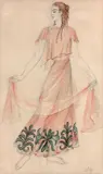 Jeune femme en rose by Nathalie Gontcharova, Aquarelle sur traits de mine de plomb, sold Oct 2021
