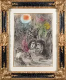 Les amoureux au soleil orange by Marc Chagall, 1980, Lavis d'encre de chine, pastel, encre de chine et aquarelle, sold Apr 2021