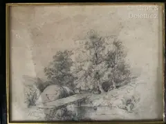 Le pont en forêt by Ernest Antoine Hebert, Crayon sur papier signé en bas à gauche, sold Mar 2024