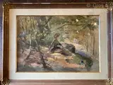 Elégante dans la forêt de Fontainebleau by René Leverd, Aquarelle signée en bas à droite, sold Mar 2024