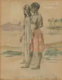 Couple à Tahiti, paysage avec des palmiers by Octave Morillot, 1903, Aquarelle sur trait de crayon, sold Feb 2024