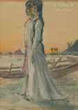 Couple debout devant des barques by Octave Morillot, 1903, Aquarelle sur trait de crayon, sold Feb 2024