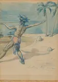 Pêcheur au harpon sur une plage de Tahiti, 1903? by Octave Morillot, 1903, Aquarelle sur trait de crayon, sold Feb 2024