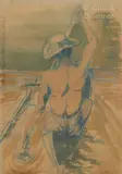 Pêcheur dans une barque by Octave Morillot, Aquarelle sur trait de crayon, sold Feb 2024