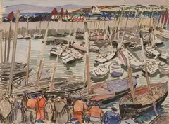 La bénédiction de la Mer, probablement Douarnenez by Mathurin Méheut, Aquarelle et gouache, sold Feb 2024