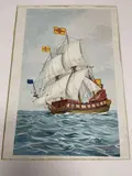 Caravelle sur vent arrière by Marcel Bezombes, Aquarelle et rehauts d'or signée en bas à droite, sold May 2022