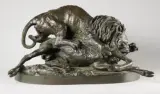 Lion terrassant un cerf by Christophe Fratin, Epreuve en bronze à patine brun nuancé, sold Oct 2017