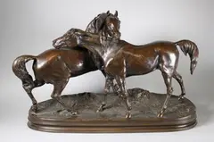 L'accolade by Pierre-Jules Mêne, Epreuve en bronze à patine brun nuancé rouge, sold Oct 2017
