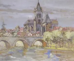 Eglise vue du pont by Charles Blondin, Aquarelle et réhauts de gouache signée en bas à gauche, sold May 2017