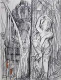 Bas relief et statue de Bouddha à Angkor by André Maire, 1959, Fusain et sanguine, sold May 2017