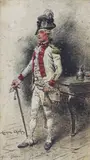 Officier d'infanterie, Régiment du Béarn by Maurice Orange, 1777, Encre de Chine et aquarelle signée et titrée en bas à gauche, sold Mar 2017