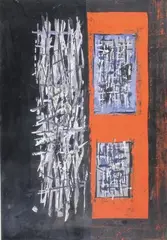 Composition sur fond rouge et noir by Jean Signovert, 1958, Gouache signée et datée "58" en bas, sold Mar 2017