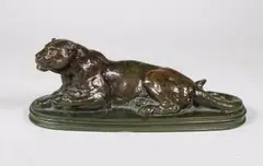 Panthère couchée by Antoine-Louis Barye, Epreuve en bronze à belle patine brun rouge nuancé signé, sold Mar 2017