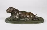 Panthère couchée by Antoine-Louis Barye, Epreuve en bronze à belle patine brun rouge nuancé signé, sold Mar 2017