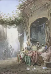 Scène de marché arabe by Paul B. Pascal, Gouache signée et dédicacée «Hommage respectueux de l'auteur à Madame Lavail, sold Nov 2016