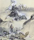 Combats contre les Touaregs by Paule Crampel, Gouache signée sur le côté à droite, sold Nov 2016