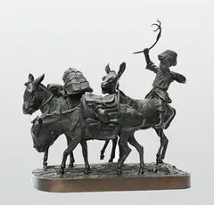 Enfant cosaque monté sur une mule et en maîtrisant deux autres chargées d' effets, à l'aide d'une branche by Eugene Lanceray, Épreuve en bronze, fonte d'édition ancienne à patine brun noir signée en caractères cyrill, sold Mar 2010