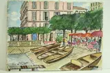 Lac de Côme, Bellagio - Café hôtel et barques by Roland Hamon, Aquarelle située en bas à gauche, sold Feb 2010