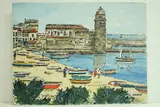 Collioure - L'église et la plage by Roland Hamon, Aquarelle située en bas à gauche, sold Feb 2010