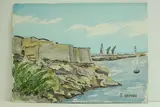 Sète - Un ancien fort, Théâtre de la mer" by Roland Hamon, 1973, Aquarelle titrée et datée en bas à gauche et signée en bas à droite, sold Feb 2010