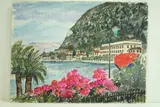 Lago di Como, Mennagio - Hôtel et bord du lac" by Roland Hamon, 1967, Aquarelle située en bas à gauche, sold Feb 2010