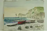 Bateaux et casiers sur un rivage, près d'une falaise by Roland Hamon, Aquarelle signée en bas à droite, sold Feb 2010