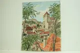 Saint Cirq la Popée - L'église, arbres et maisons" by Roland Hamon, 1970, Aquarelle située et datée en bas à gauche, sold Feb 2010