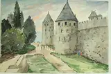 Carcassonne - Deux tours, des remparts by Roland Hamon, Aquarelle située en bas à gauche, sold Feb 2010