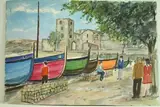 Collioure - Barques de couleur sur la plage" by Roland Hamon, 1968, Aquarelle située en bas à gauche, sold Feb 2010