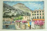 Italie, lac de Come, Menaggio - Fleurs et hôtel" by Roland Hamon, 1968, Aquarelle située et datée en bas à gauche, sold Feb 2010