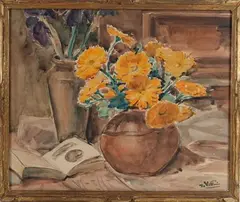 Nature morte aux bouquets de fleurs (iris et marguerites) by Jean Villeri, Aquarelle sur papier, sold Jul 2025