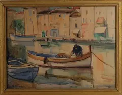 Le Pêcheur sur sa barque au port de Saint-Tropez by Jean Villeri, Aquarelle sur papier, sold Jul 2025