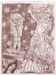 Le penseur lunaire, 1996. De poesie il n'en fait qu'une. De la lecture il n'en a cure. Sous son banc passent des voitures et la Reine des Muses s'amuse a clamer by Robert Combas, Sanguine sur papier avec texte, sold Jun 2025