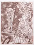 Le penseur lunaire, 1996. De poesie il n'en fait qu'une. De la lecture il n'en a cure. Sous son banc passent des voitures et la Reine des Muses s'amuse a clamer by Robert Combas, Sanguine sur papier avec texte, sold Jun 2025